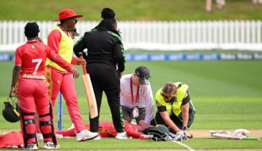 Zimbabwe batter Ndhlovu taken for scans after being hit by Illing bouncer