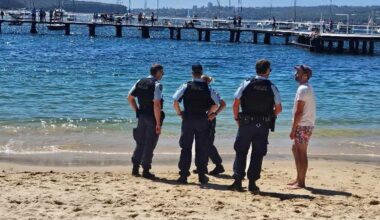 Sharks spotted inside netted zone at Balmoral Baths as swimmers scramble from the water.