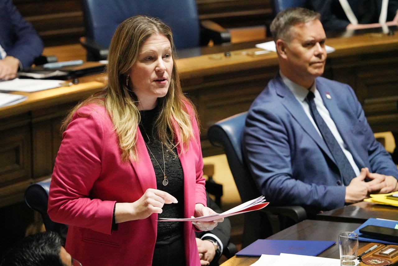 A woman with long blond hair and a pink blazer speaks during a government legislative session.
