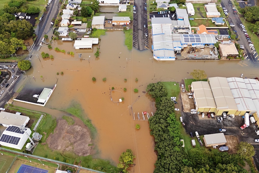 Aerial shot of Bundabert Central flooded.