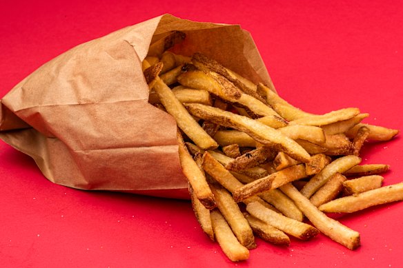Five Guys' hand-cut, skin-on chips made with Victorian potatoes.