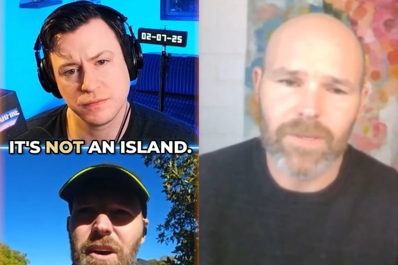 Two men speak in a composite image of two vertical social media videos