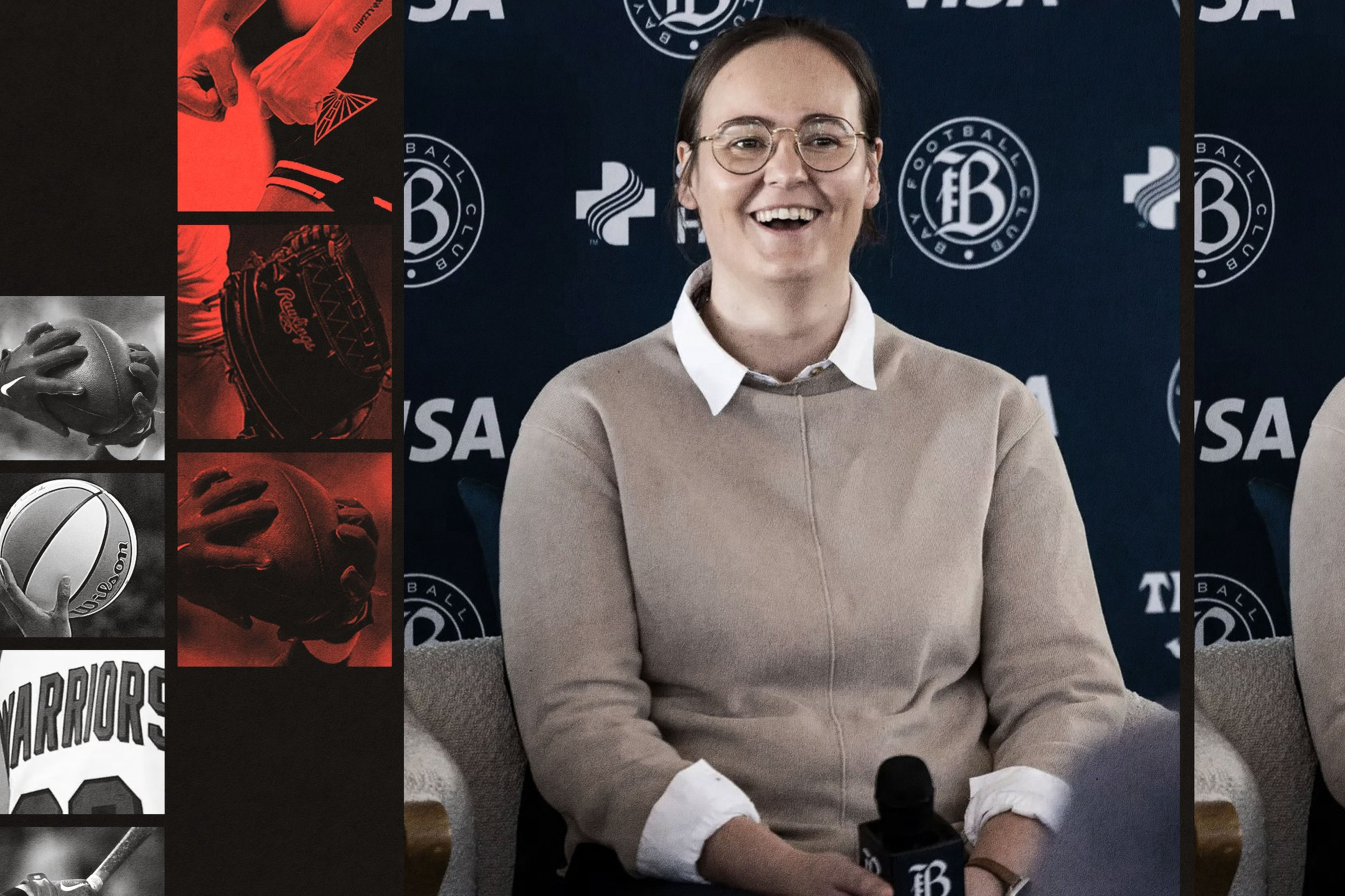 A smiling person with glasses and a beige sweater sits in front of a dark blue backdrop featuring white logos and text while holding a microphone.