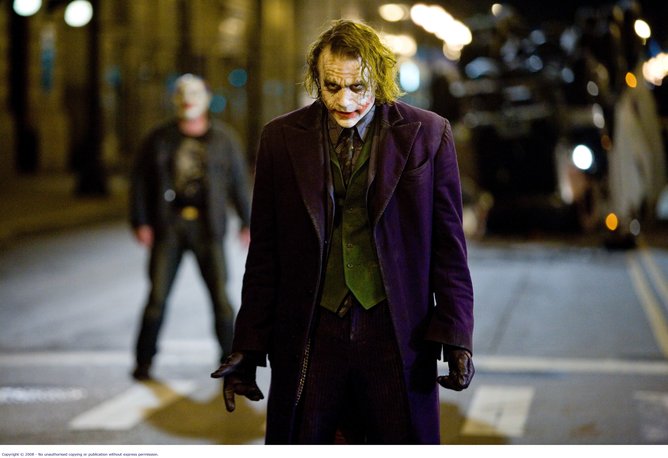 HEATH LEDGER AS THE JOKER IN THE DARK KNIGHT.