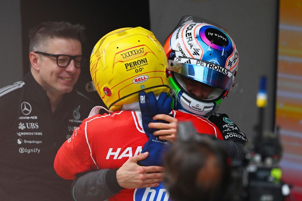 Lewis Hamilton congratulates his Mercedes successor Kimi Antonelli on his maiden grand prix win.