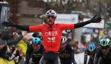 Dorian Godon celebrates his win on the seventh stage of Paris-Nice cycling race (Photo by Anne-Christine Poujoulat / AFP)