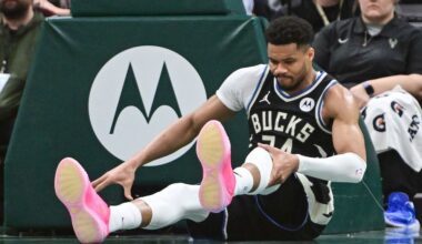 Giannis Antetokounmpo exits Bucks' win after awkward landing