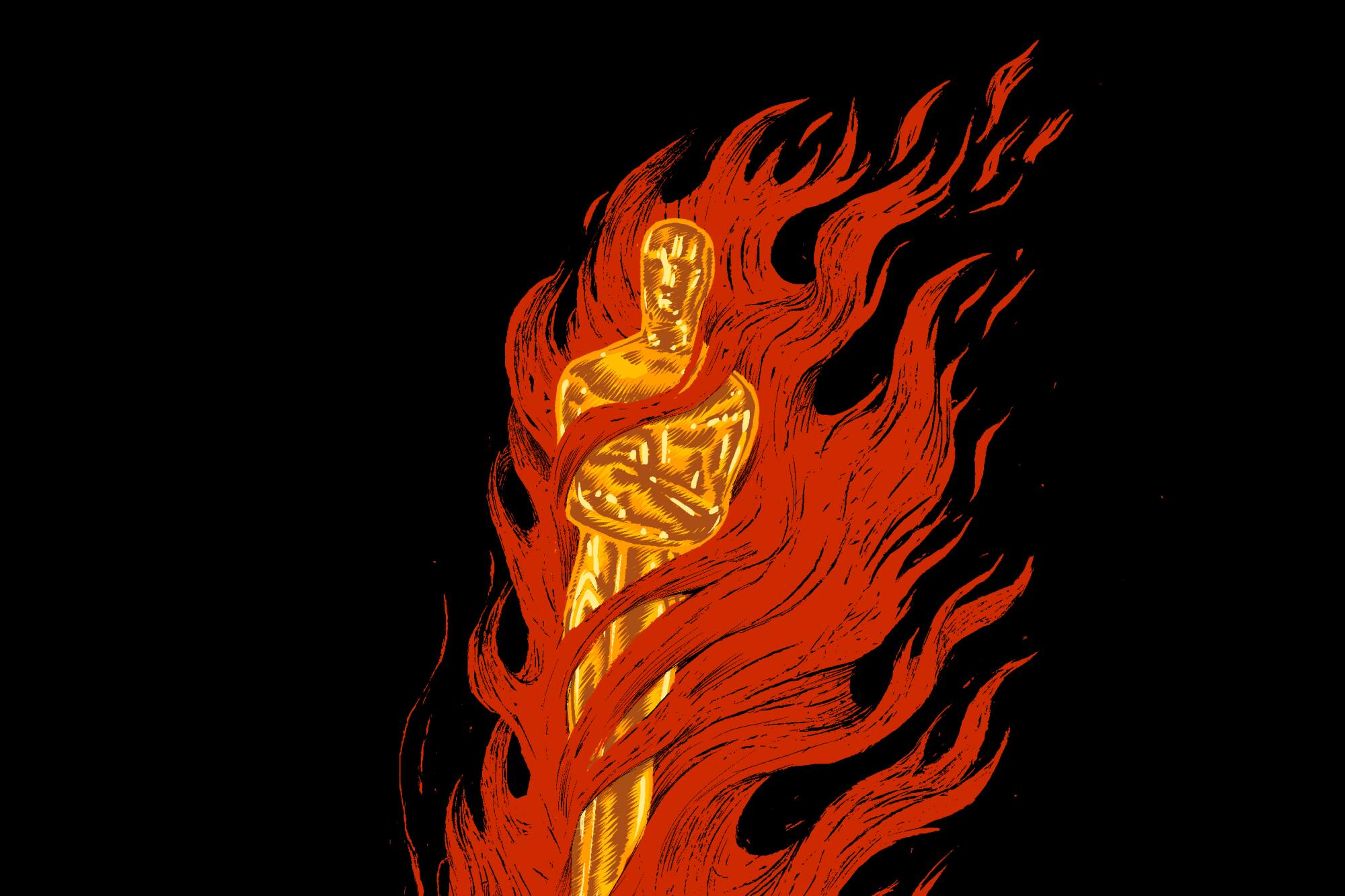 Illustration of an Oscar statuette engulfed in orange flames
