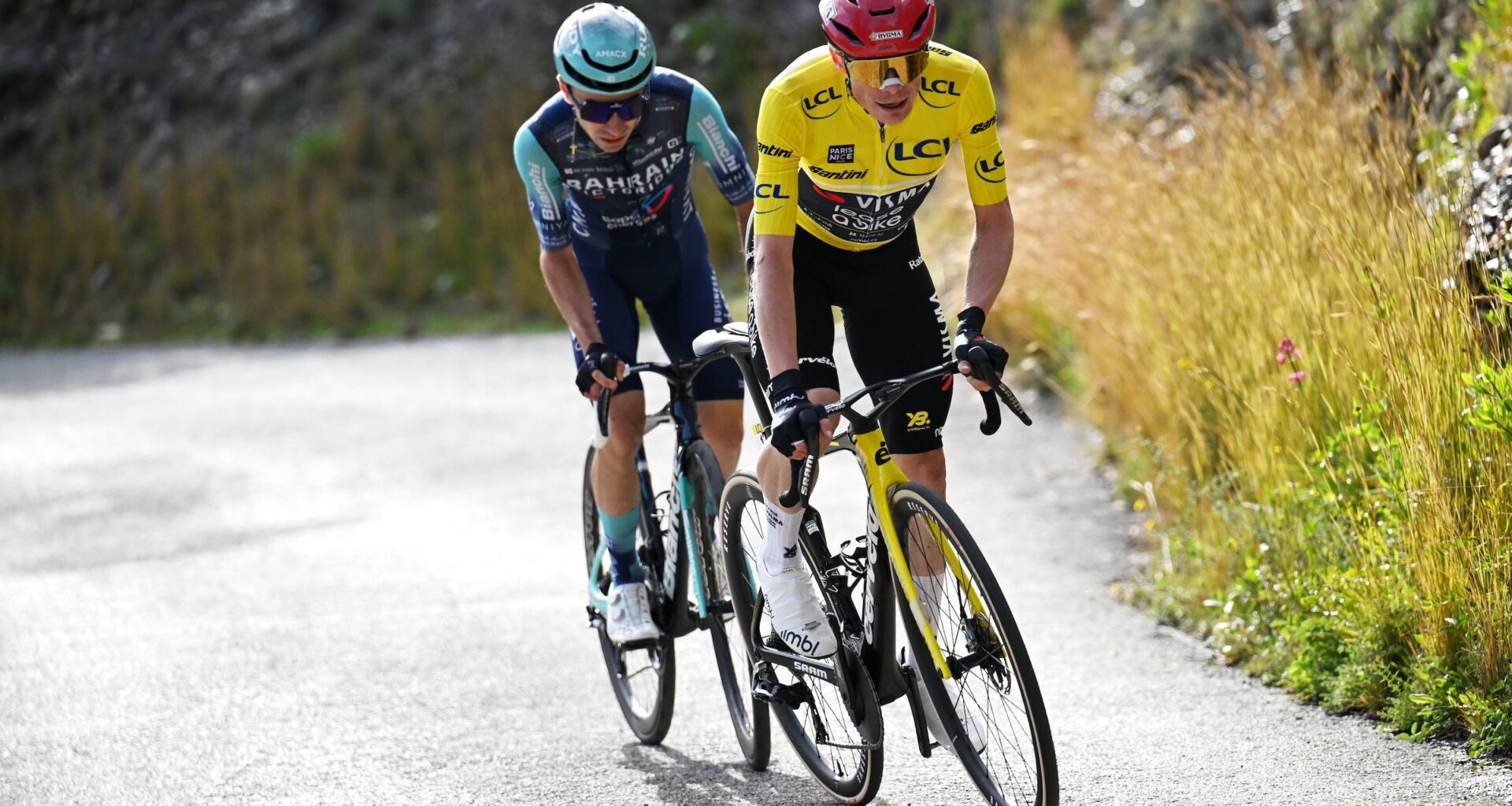 Jonas Vingegaard (Visma-Lease a Bike) and Lenny Martinez (Team Bahrain - Victorious) distance the other GC riders on the final stage of the 2026 Paris-Nice (Photo: Szymon Gruchalski/Getty Images)