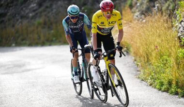 Jonas Vingegaard (Visma-Lease a Bike) and Lenny Martinez (Team Bahrain - Victorious) distance the other GC riders on the final stage of the 2026 Paris-Nice (Photo: Szymon Gruchalski/Getty Images)
