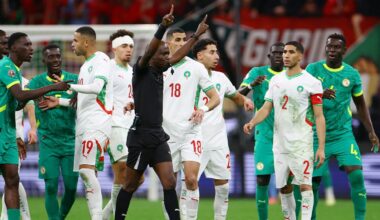 Referee Jean-Jacques Ndala awards a penalty to Morocco after a VAR review. Pic: Reuters