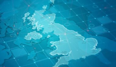 A computer graphic of a map of the United Kingdom and Ireland