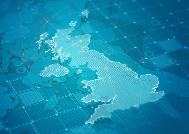 A computer graphic of a map of the United Kingdom and Ireland
