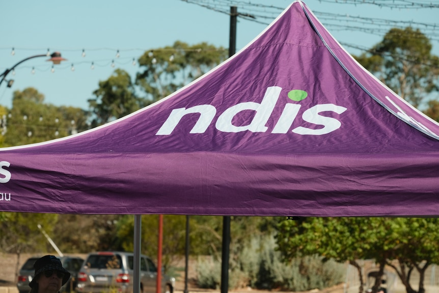 A tent with letters which read N D I S stands tall outside with trees in the background. 
