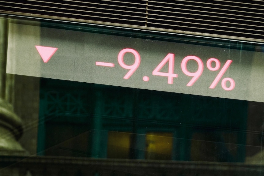 A digital ticker displays a downward-pointing arrow and the figure "-9.49 per cent" out the front of a building.