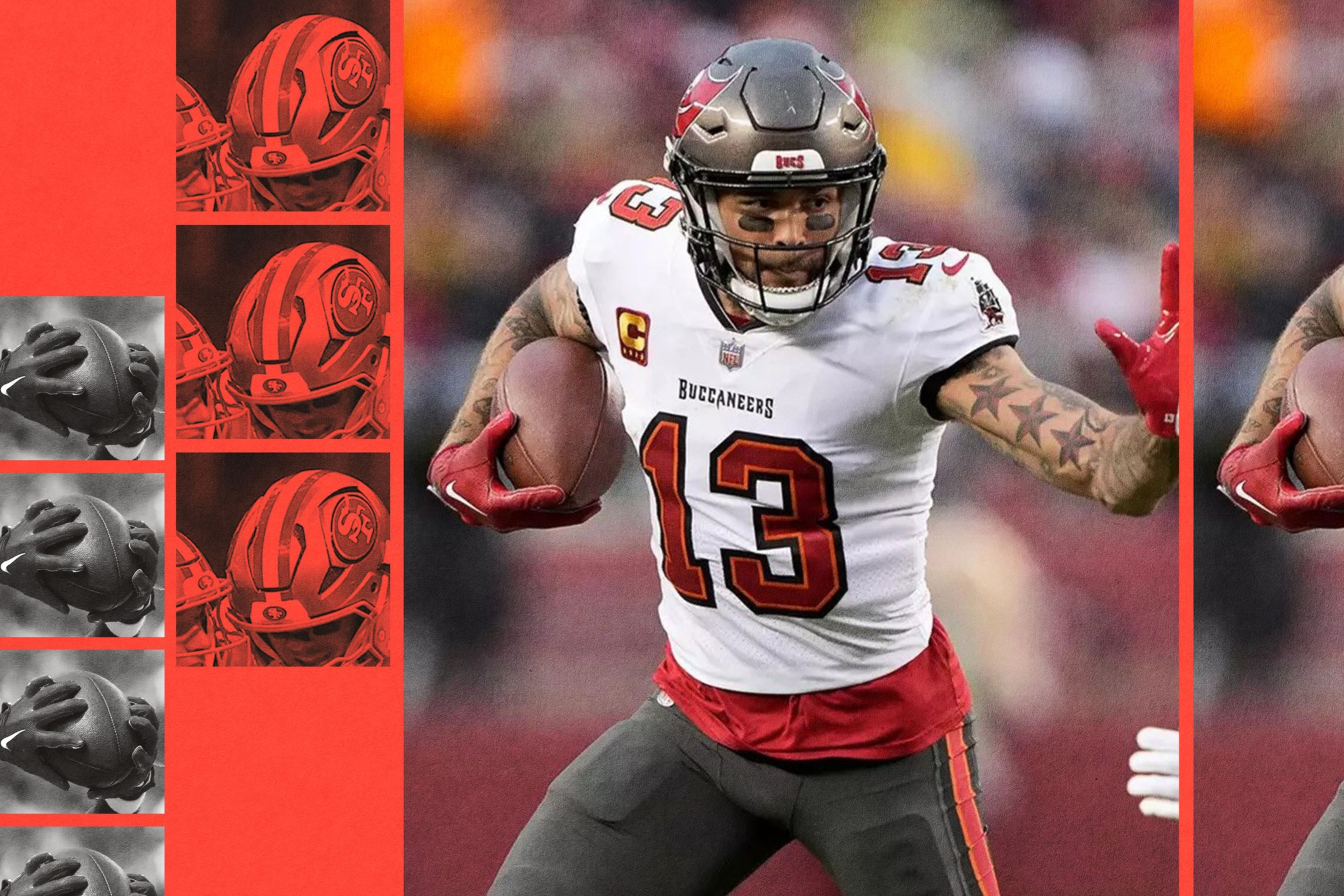 A football player wearing a Buccaneers uniform with number 13 holds the ball in his right arm, running with determination on the field.