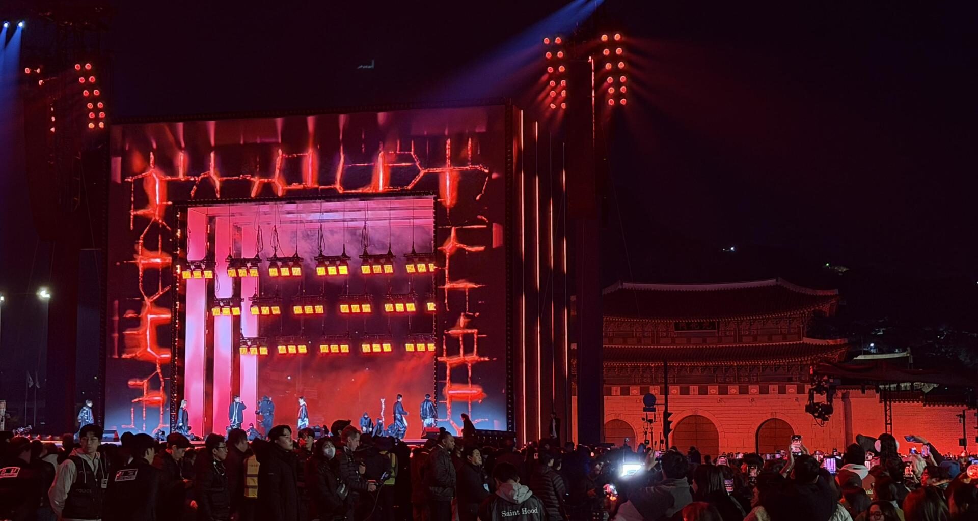 K-pop boy band BTS during its comback concert at Gwanghwamun Square in central Seoul, Saturday, filmed with Samsung