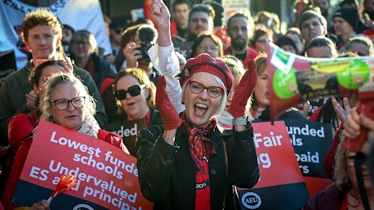 State school teachers protest outside the office of Education Minister Ben Carroll in Niddrie last month.