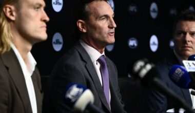 AFL CEO Andrew Dillon (c) says the AFL's new drugs policy is the most stringent in Australian sport. Photo: Joel Carrett/AAP PHOTOS