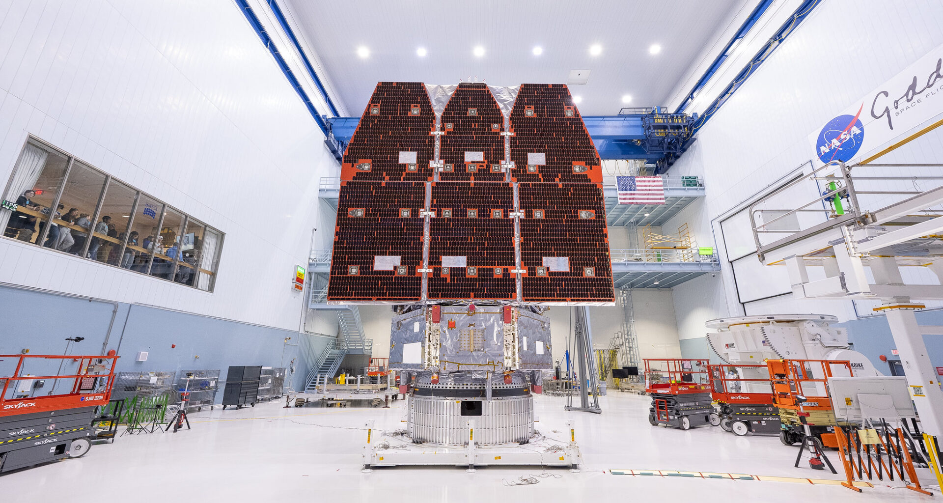 NASA’s Nancy Grace Roman Space Telescope stands fully assembled, following the integration of its two major segments, in the clean room at the agency’s Goddard Space Flight Center in Greenbelt, Maryland. The mission is slated to launch by May 2027, but the team is on track for launch as early as fall 2026.