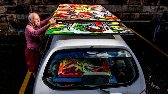Richard Cutler with his Archibald, Wynne and Sulman Prize entries.