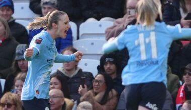 Vivianne Miedema (left) celebrates scoring the opening goal in the Manchester derby