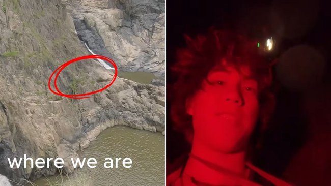 The exact position where the teens got trapped in the gorge durning daylinght (left) and Reon with the rescue chopper hovering over them at night (right).