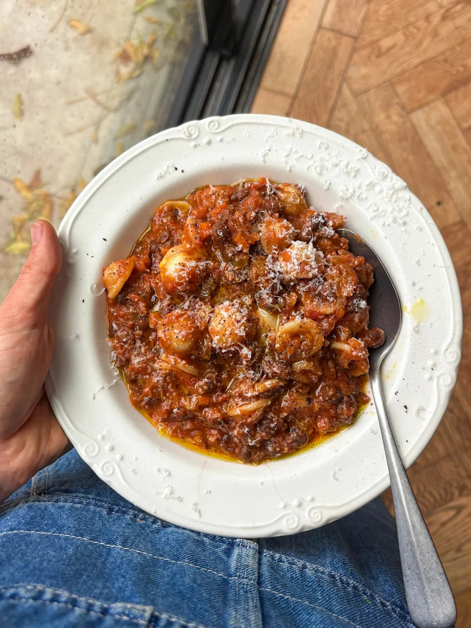 Overhead shot of a hearty vegetarian ragu with pasta using carlin peas.