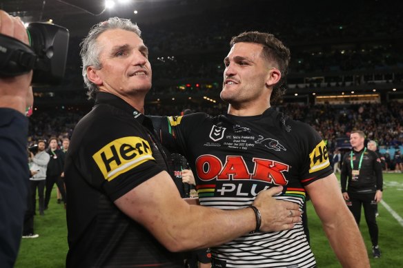 Ivan Cleary always manages to keep his cool, even when celebrating a premiership with son Nathan.