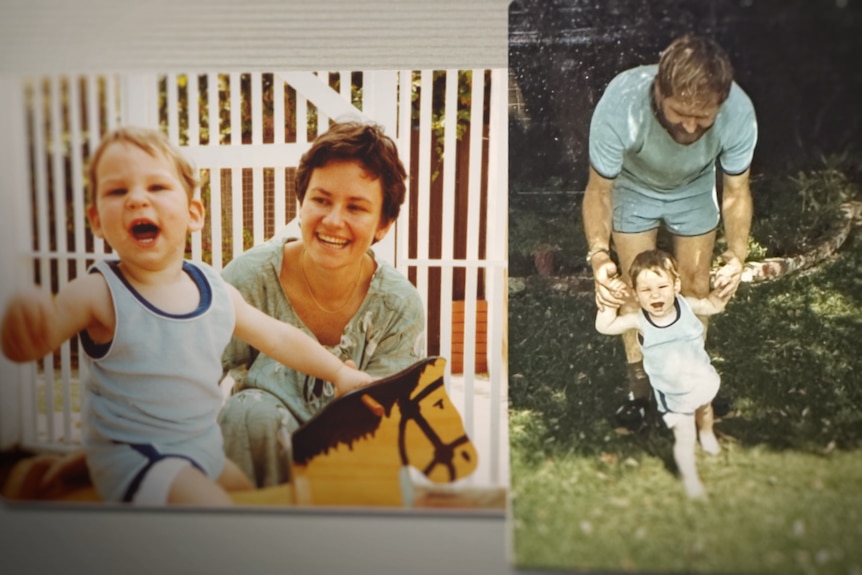 Two images side-by-side of a boy toddler in a blue singlet, happy with his mum in one and dad in the other