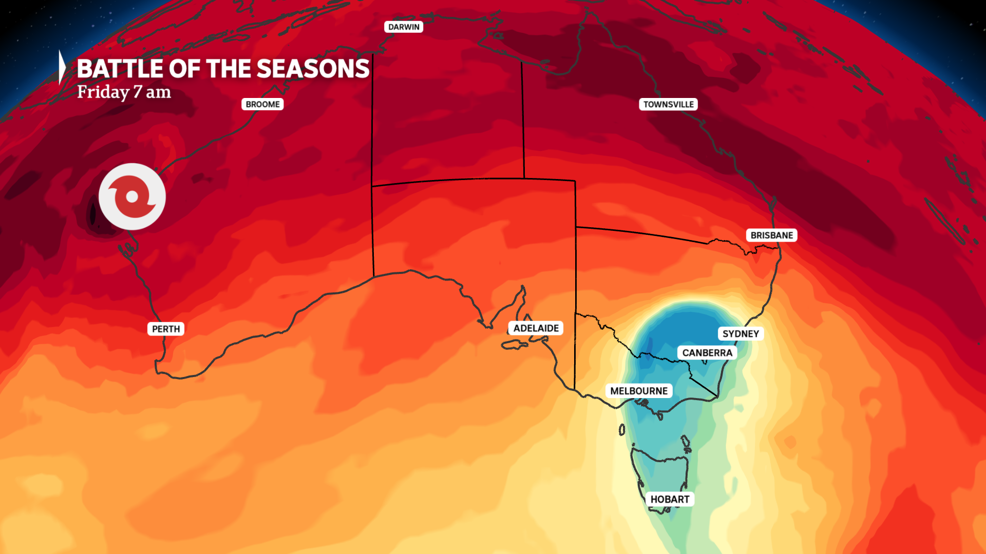 A graphic of Australia with a cyclone icon on WA's west coast and a blue mass above Tasmania and far south-east.