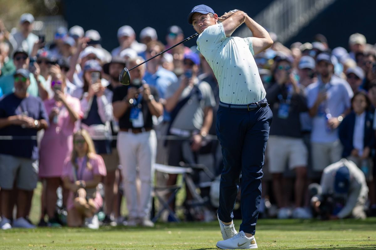 Rory McIlroy of Northern Ireland tees off from the ninth hole during the second round of THE PLAYERS Championship 2026 