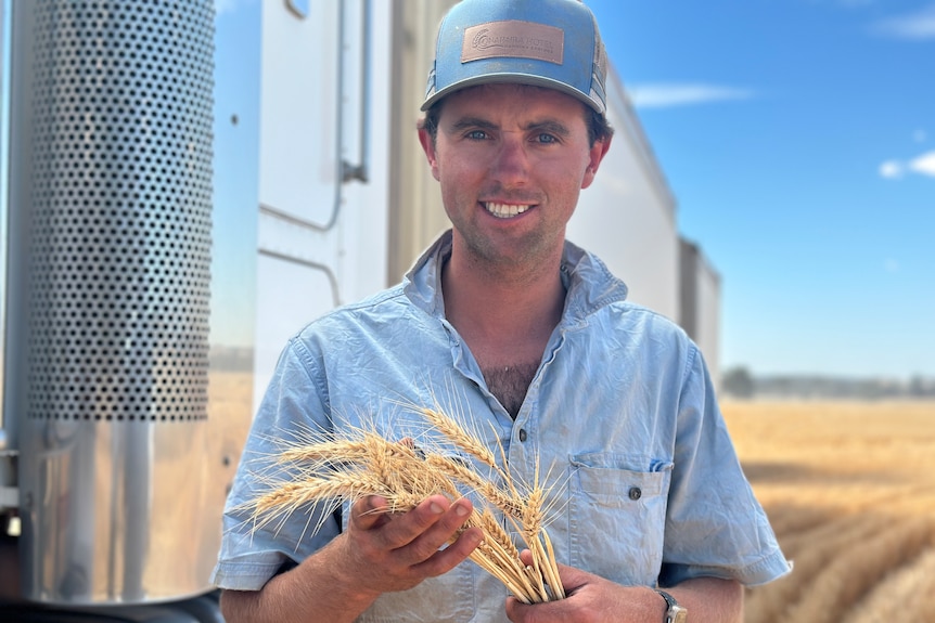 A man holding a bunch of wheat.