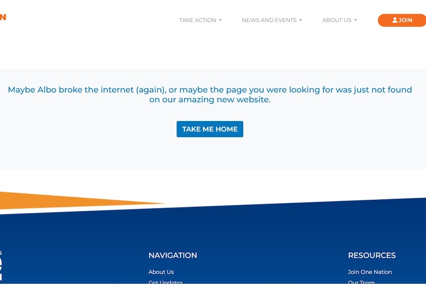 A screenshot of the One Nation website with a message saying the page is no longer available.