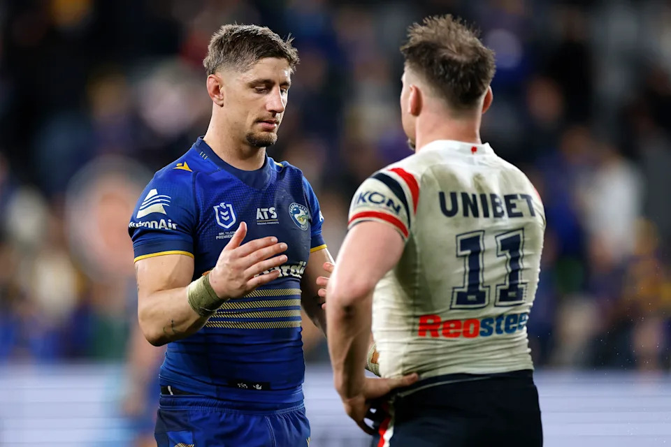 Zac Lomax and Angus Crichton after an NRL game.