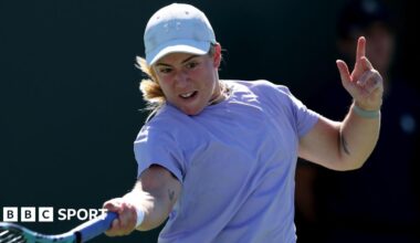 Great Britain's Sonay Kartal hits a forehand in her match against Emma Navarro at Indian Wells.