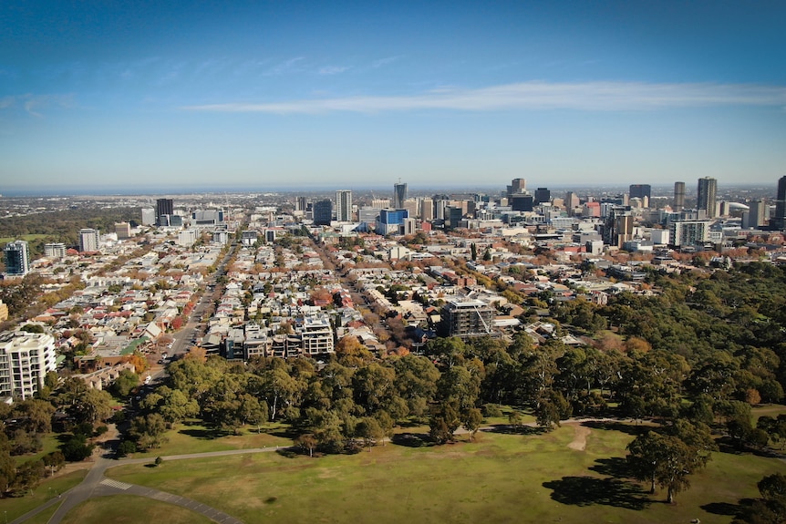 The Adelaide CBD viewed from the air looking down on West Terrace