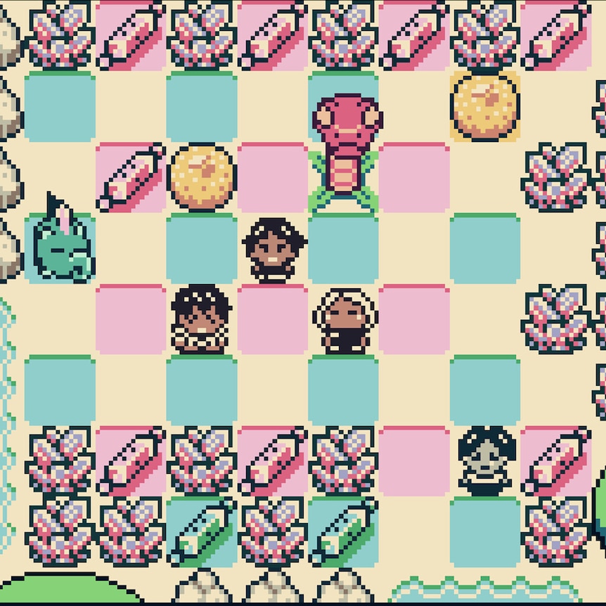 A video game screenshjot of small human characters on a grid with crystals snakes and other animals