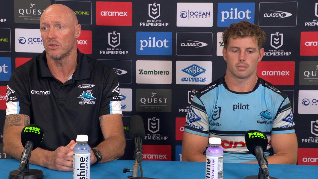 Sharks press conference, Craig Fitzgibbon, Blayke Brailey on report for a trip, what happened, Dolphins defeat Sharks, news