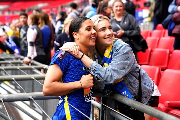 Chelsea's Sam Kerr (left) poses with her wife and former Gotham FC player Kristie Mewis.