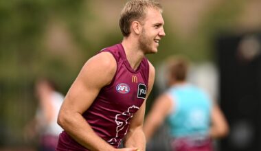 Oscar Allen enjoys battling Harris Andrews at Lions training