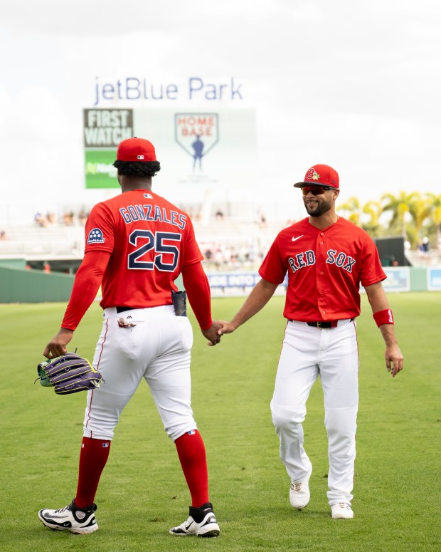 FORT MYERS, FLORIDA - MARCH 7: Justin Gonzales #25 of the Boston Red Sox reacts with Isiah Kiner-Falefa #2 of the Boston Red Sox before a game against the Tampa Bay Rays at JetBlue Park at Fenway South on March 7, 2026 in Fort Myers, Florida. (Photo by Maddie Malhotra/Boston Red Sox/Getty Images) *** Local Caption ***Justin Gonzales; Isiah Kiner-Falefa