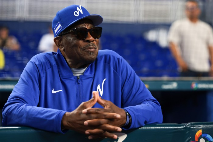 Nicaragua manager Dusty Baker watches from the dugout