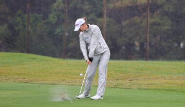 A golfer playing in the rain