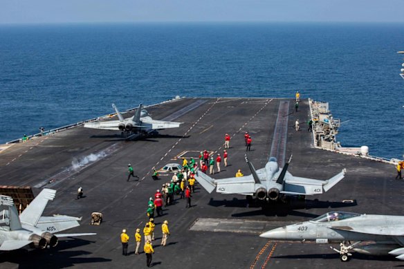 Aircraft on the flight deck of the USS Abraham Lincoln, in an image posted by the US Military Central Command on March 2, 2026.