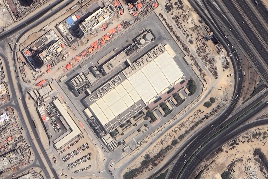A satellite image of a data center in an urban area.