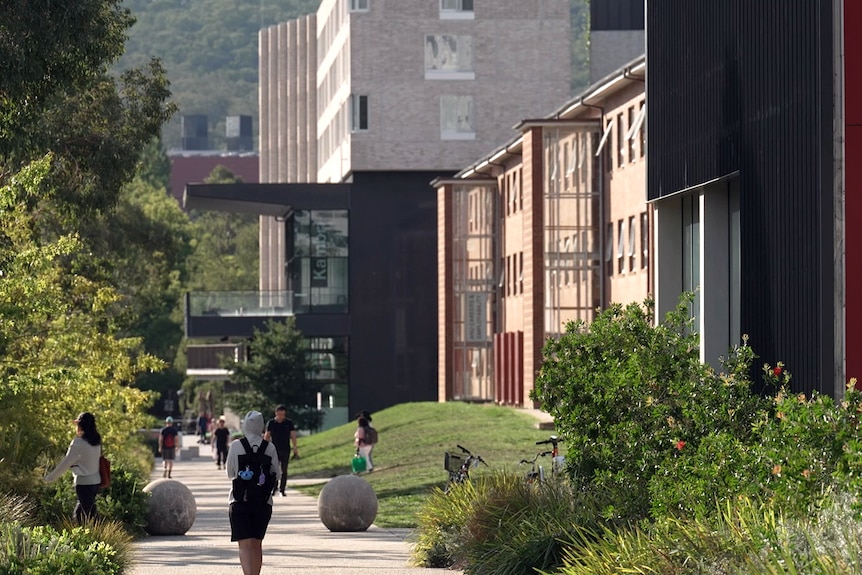 People with backpacks walk down a path by a row of buildings.
