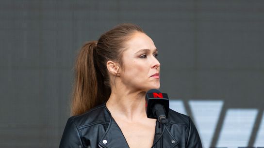 MMA fighter Ronda Rousey looks on during a pre-fight press conference for a Netflix fight, Tuesday March 10, 2026 in Inglewood, Calif.