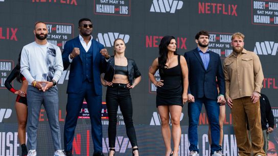 Fighters pose for media during a pre-fight press conference for a Netflix fight, Tuesday March 10, 2026 in Inglewood, Calif.