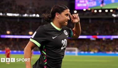 Sam Kerr celebrates after scoring in semi-final against China PR